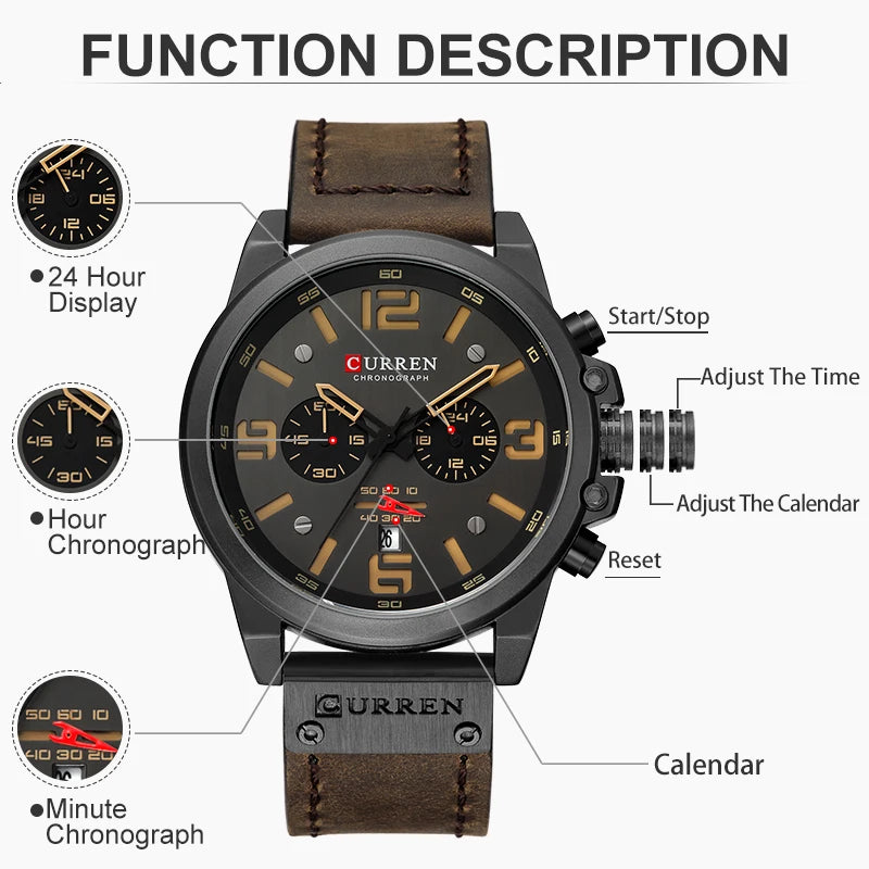 Relógio Masculino CURREN de Luxo Top Waterproof - Esportivo com Cronógrafo, Quartz, Couro Legítimo Militar