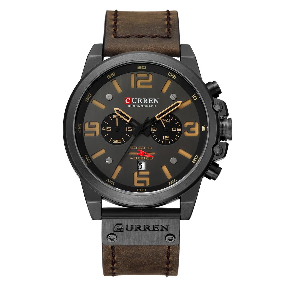 Relógio Masculino CURREN de Luxo Top Waterproof - Esportivo com Cronógrafo, Quartz, Couro Legítimo Militar